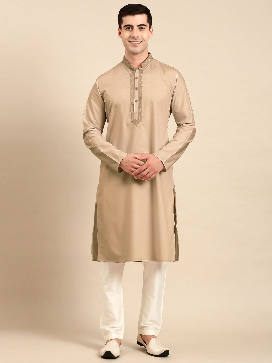 Beige Cotton Dori Embroidered Kurta Set