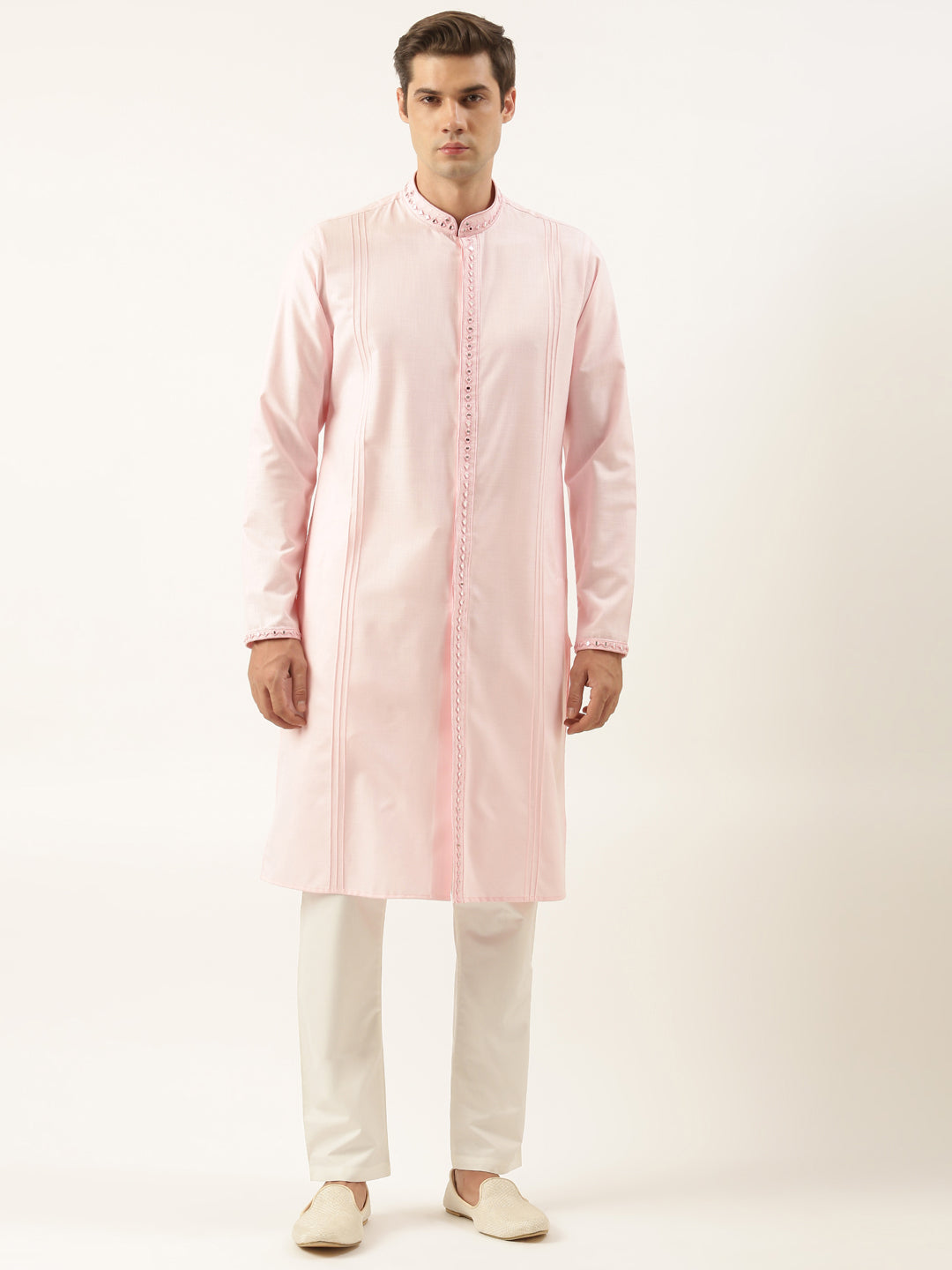 Pink cotton Front Open Embroidered Kurta Set