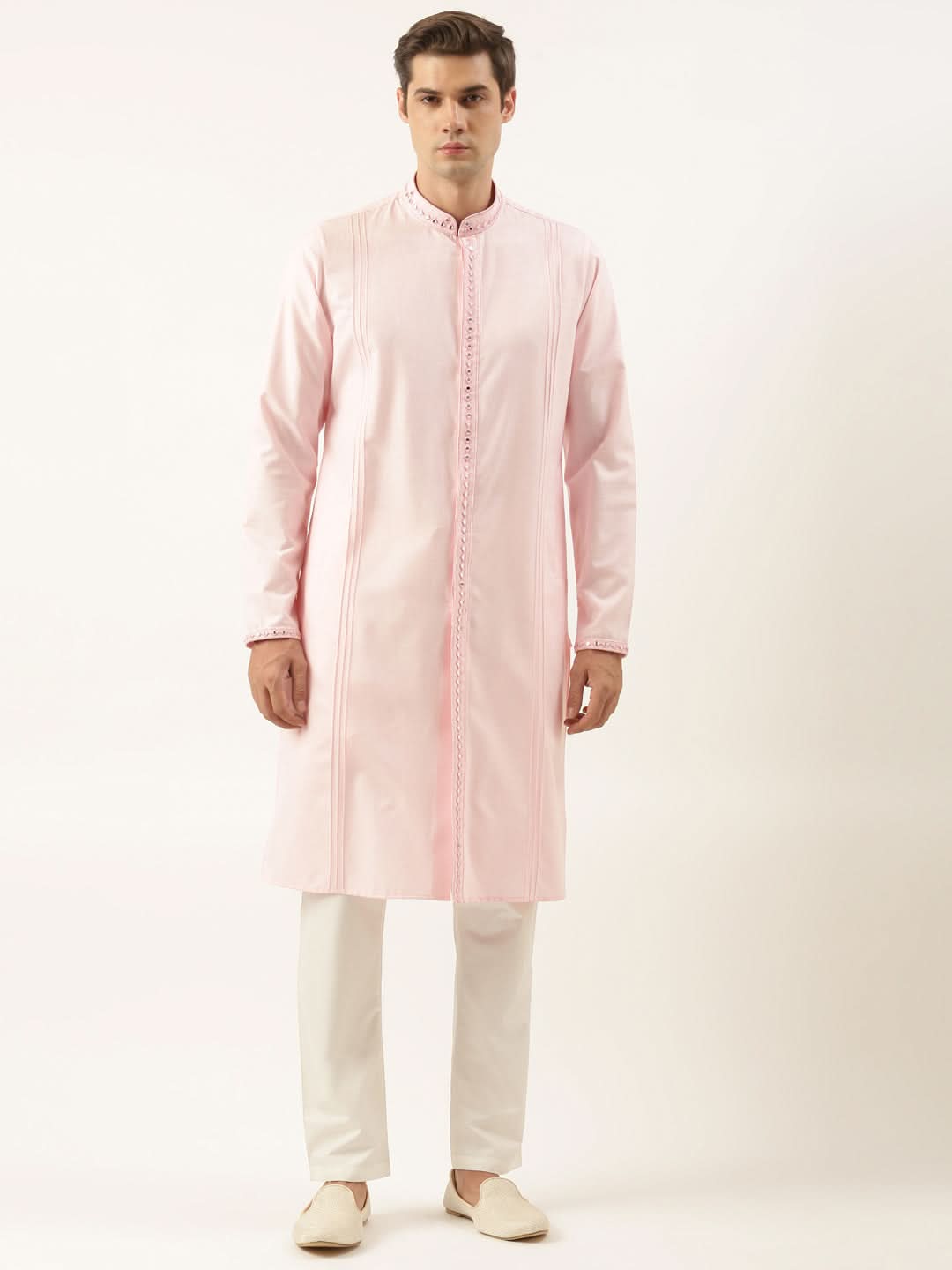 Pink cotton Front Open Embroidered Kurta Set