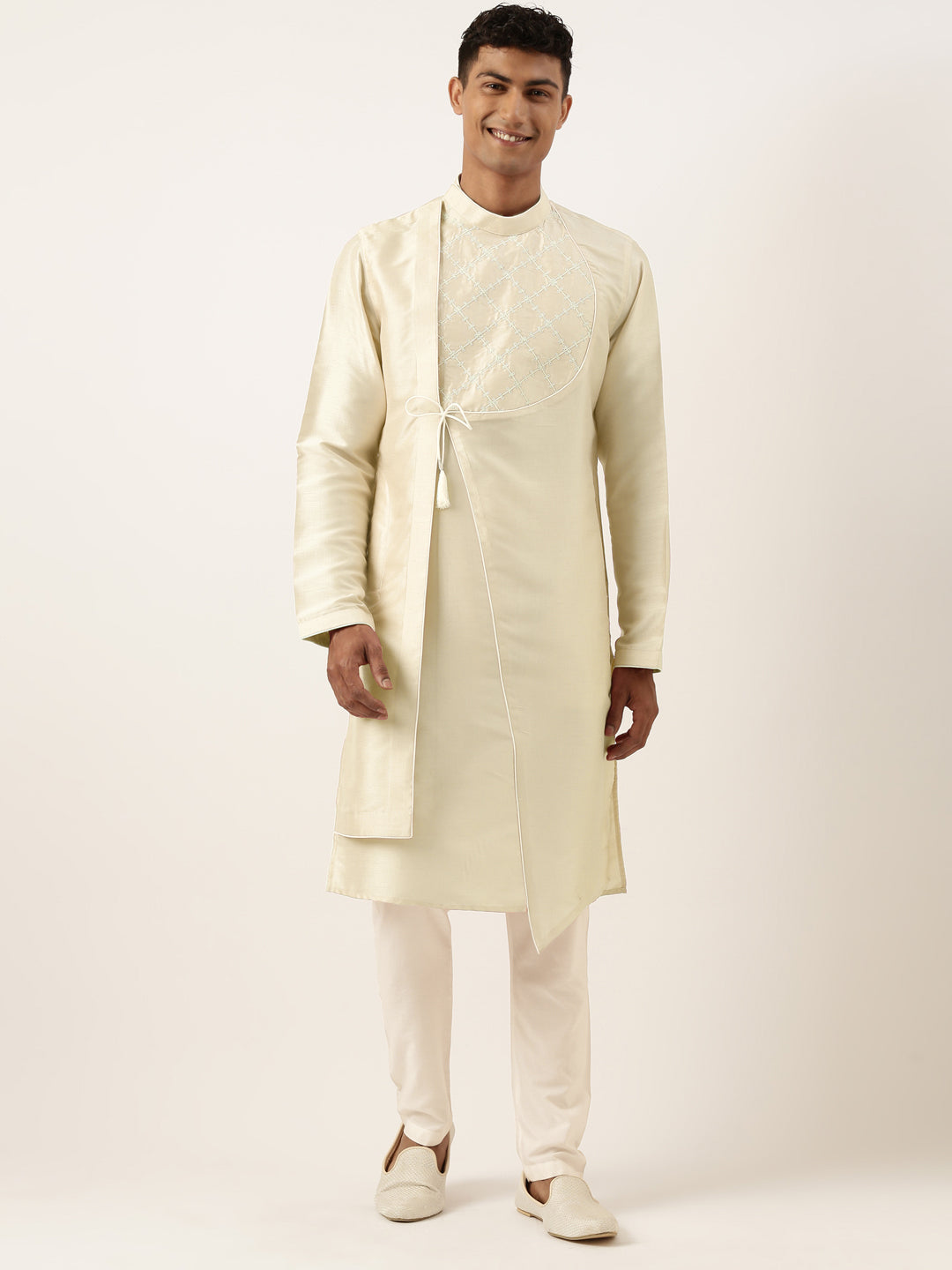 Light Gold Embroidery Angrakha Kurta Set