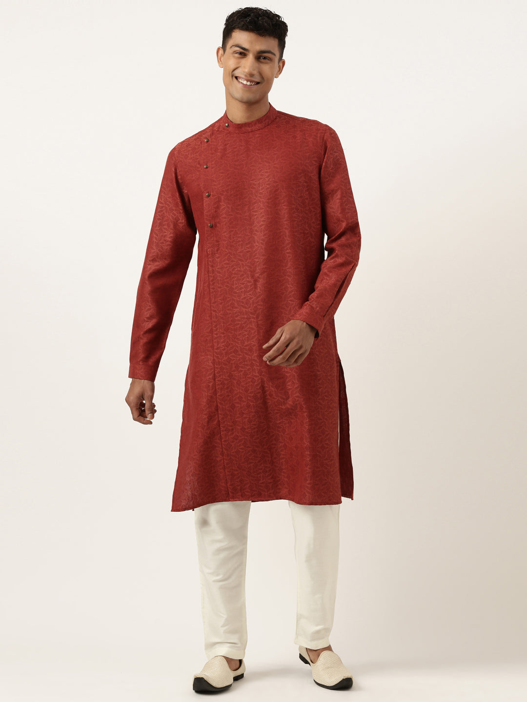 Rust Cotton Jacquard Angrakha kurta Set