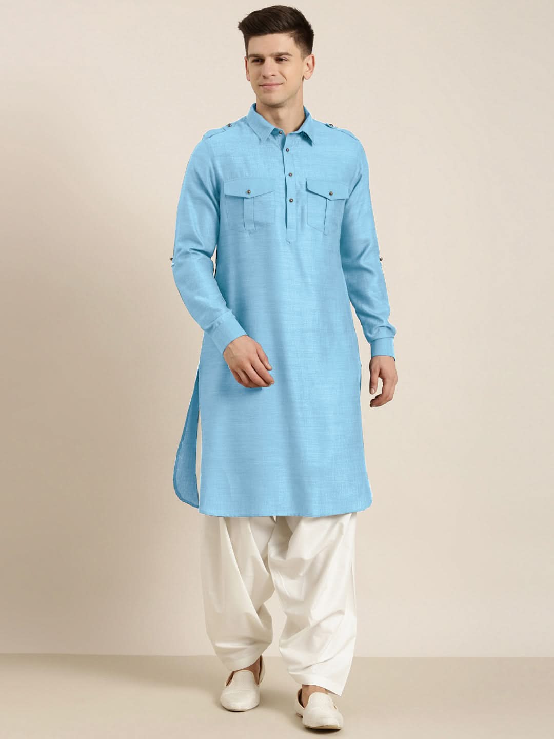 Light Blue cotton Pathani with Salwar