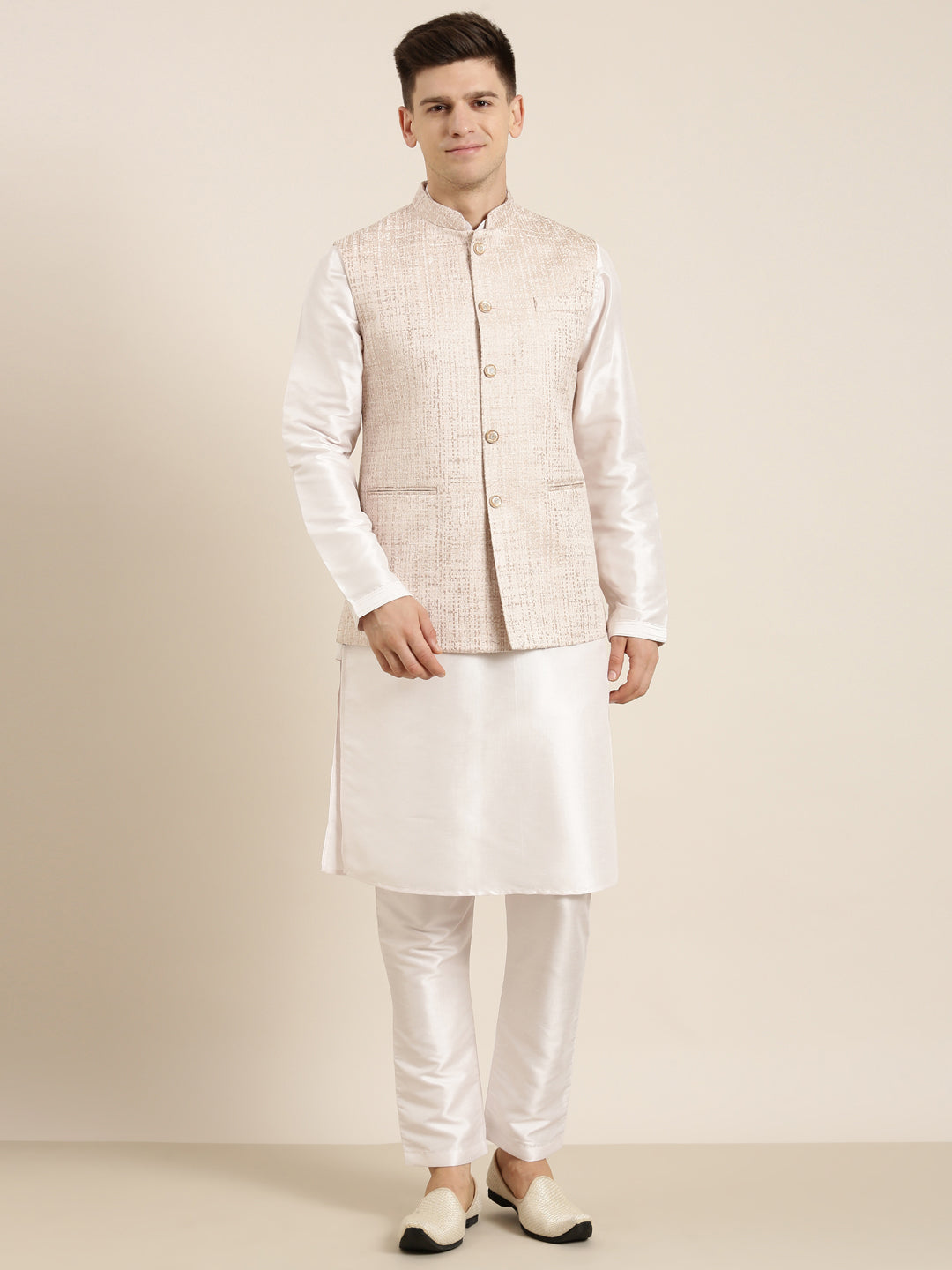 Pink & Gold Checkered Textured Jacket With Gold Kurta