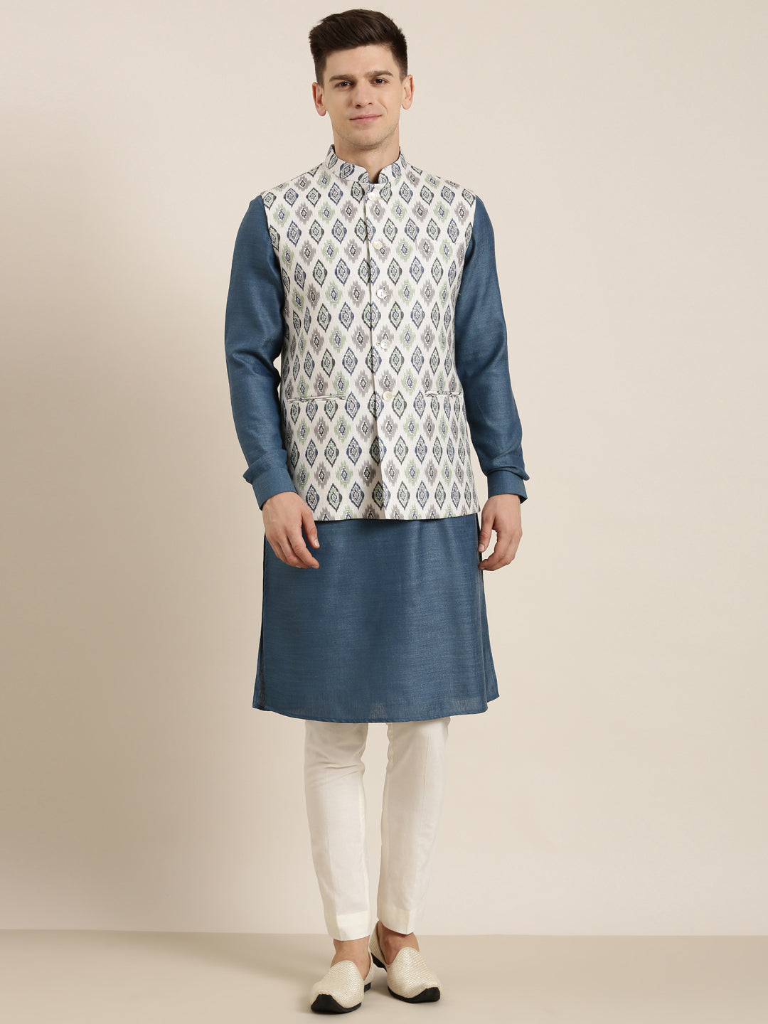 Cream Linen Printed Jacket Kurta Set