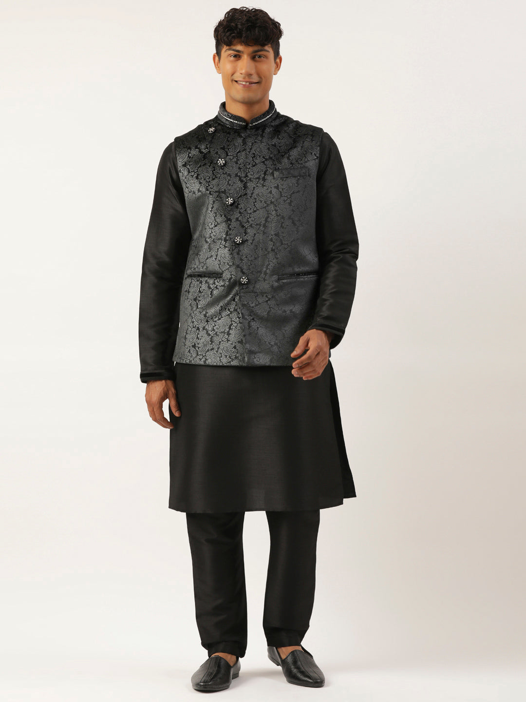 Black Velvet Jacquard Jacket Kurta Set