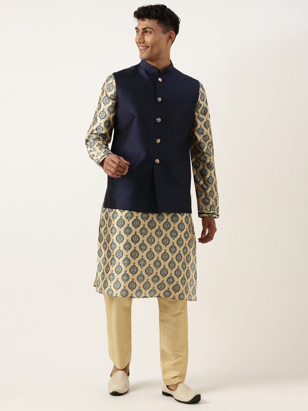 Navy Silk Jacket With Printed Kurta Set