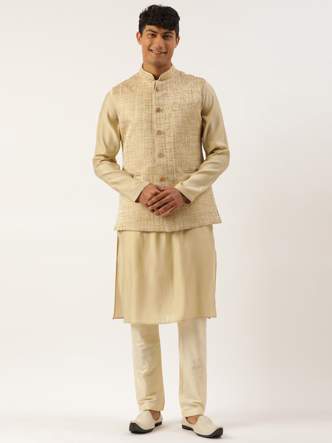 Gold Checkered Textured Jacket With Gold Kurta