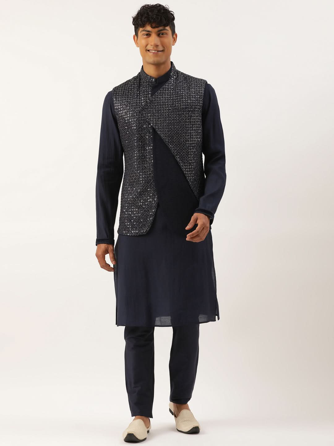 Navy Embroidered Jacket Kurta Set