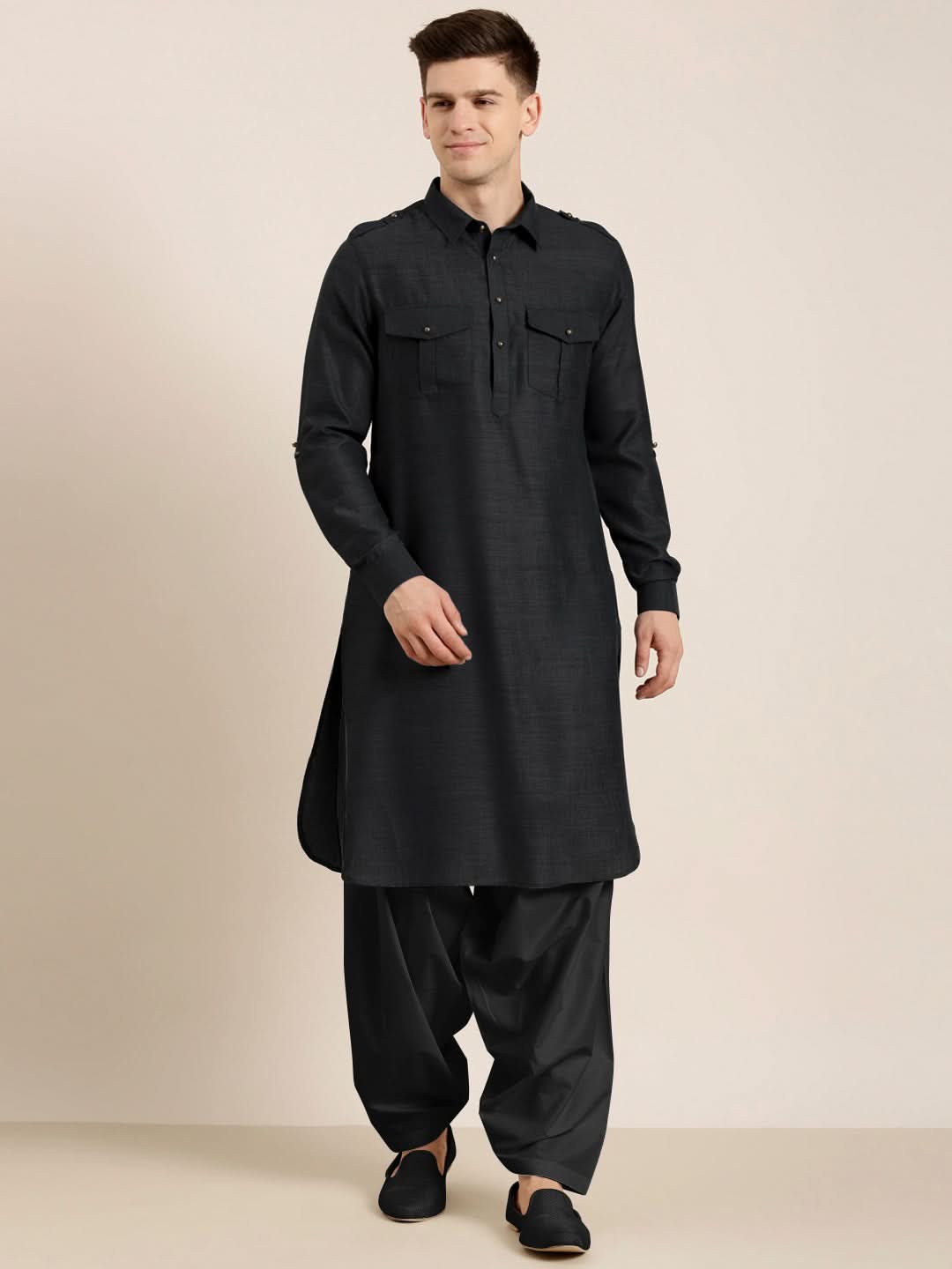 Black Cotton Pathani With Salwar