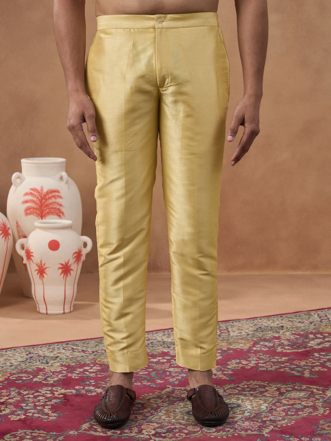 Gold Herringbone Printed Bundi Kurta Set