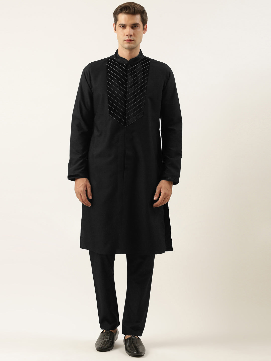 Black Cotton With Velvet Detailing Kurta Set