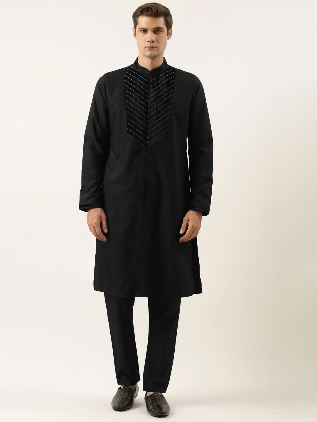 Black Cotton With Velvet Detailing Kurta Set