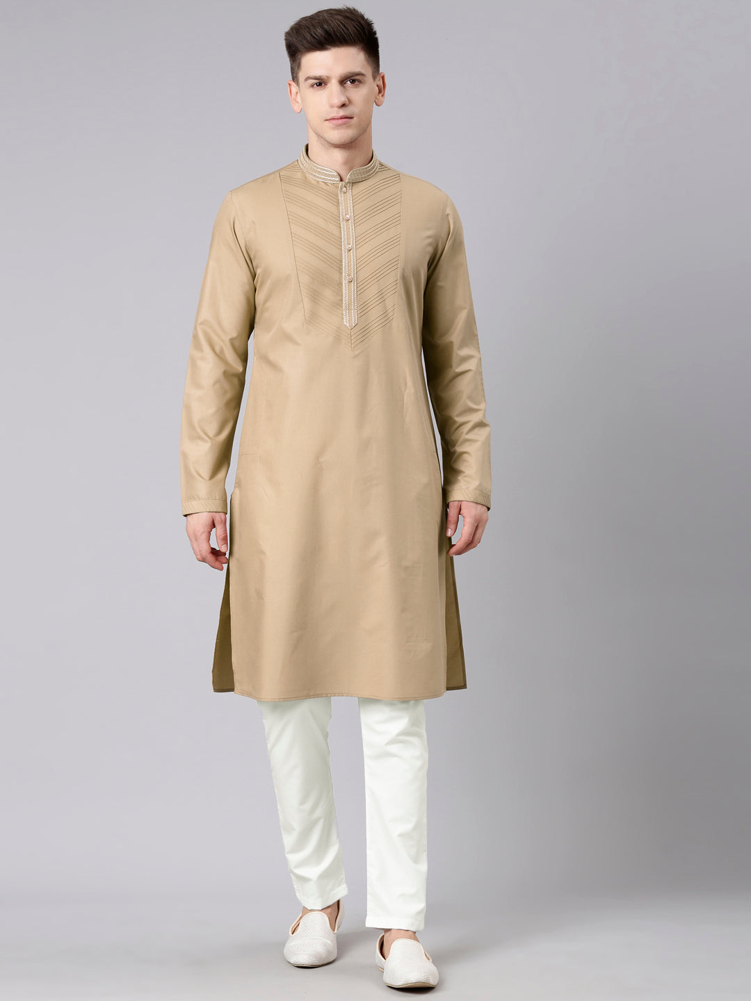 Beige Pleated Cotton Kurta Set
