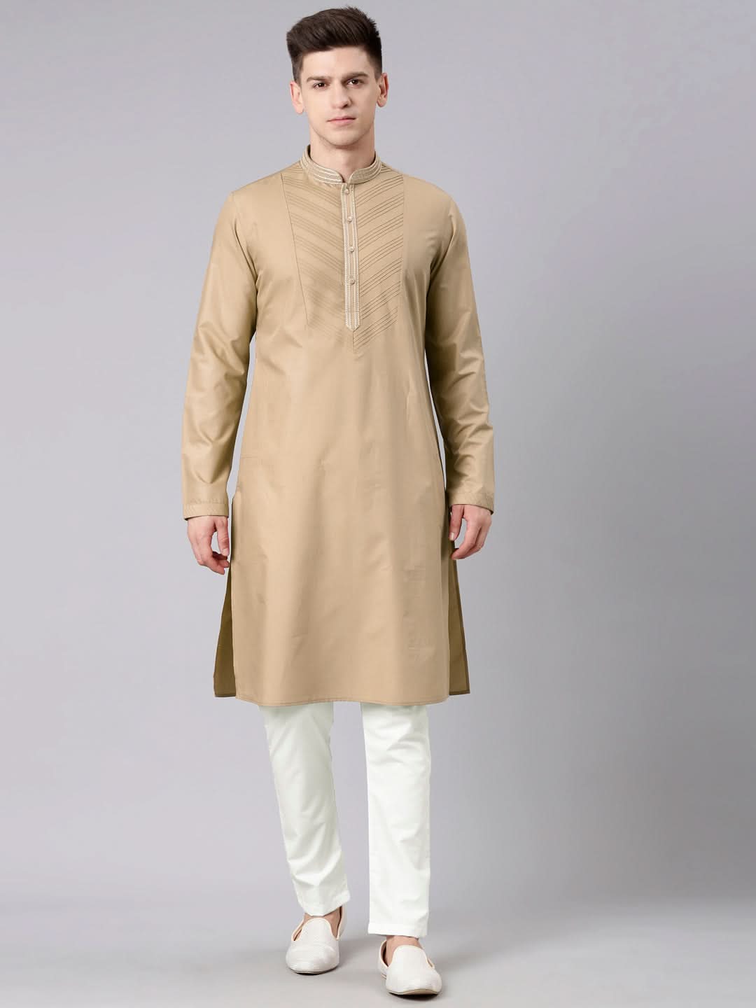 Beige Pleated Cotton Kurta Set
