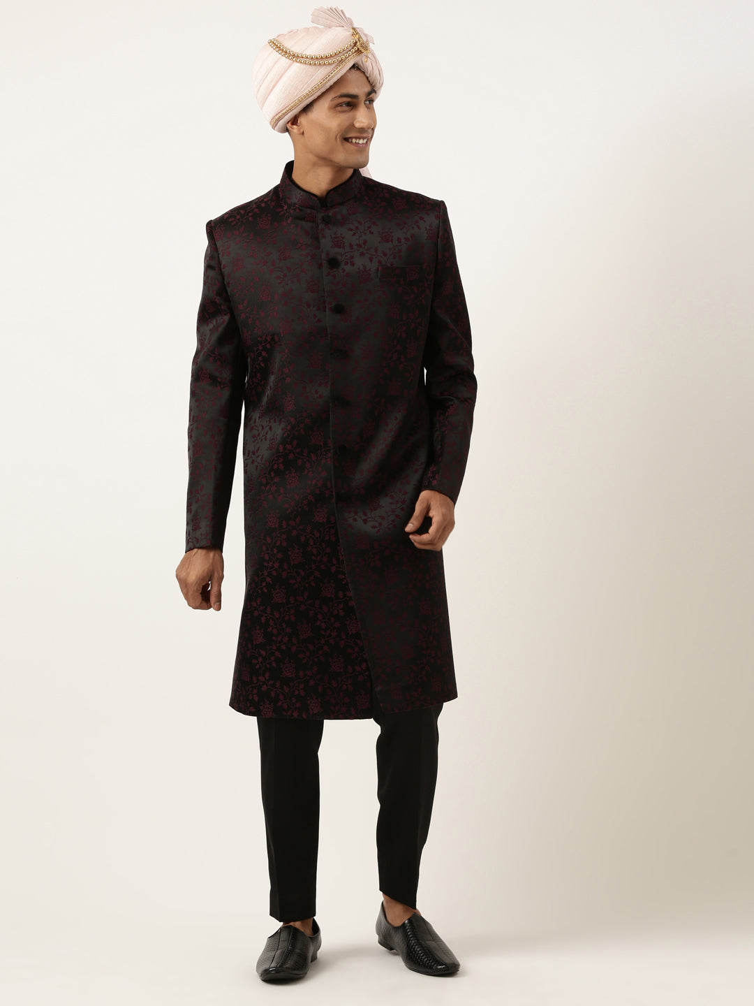 Wine Black Jacquard Indowestern Set