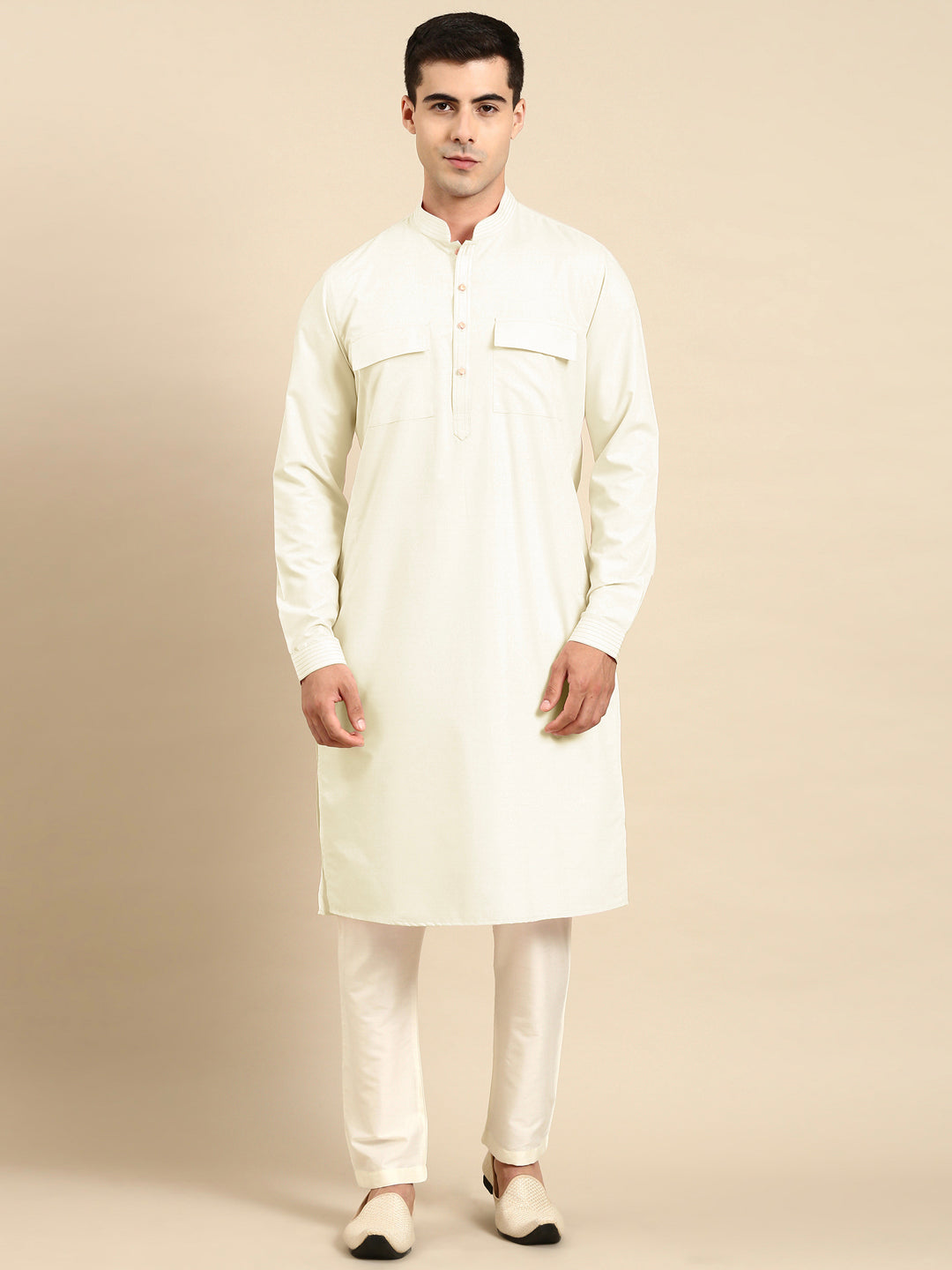 Cream Pure Cotton Pathani Kurta Set with Patch Pocket