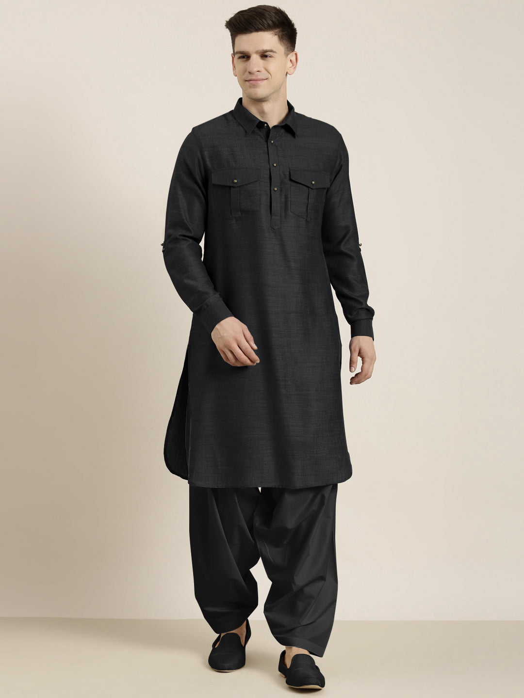 Black Cotton Pathani With Salwar