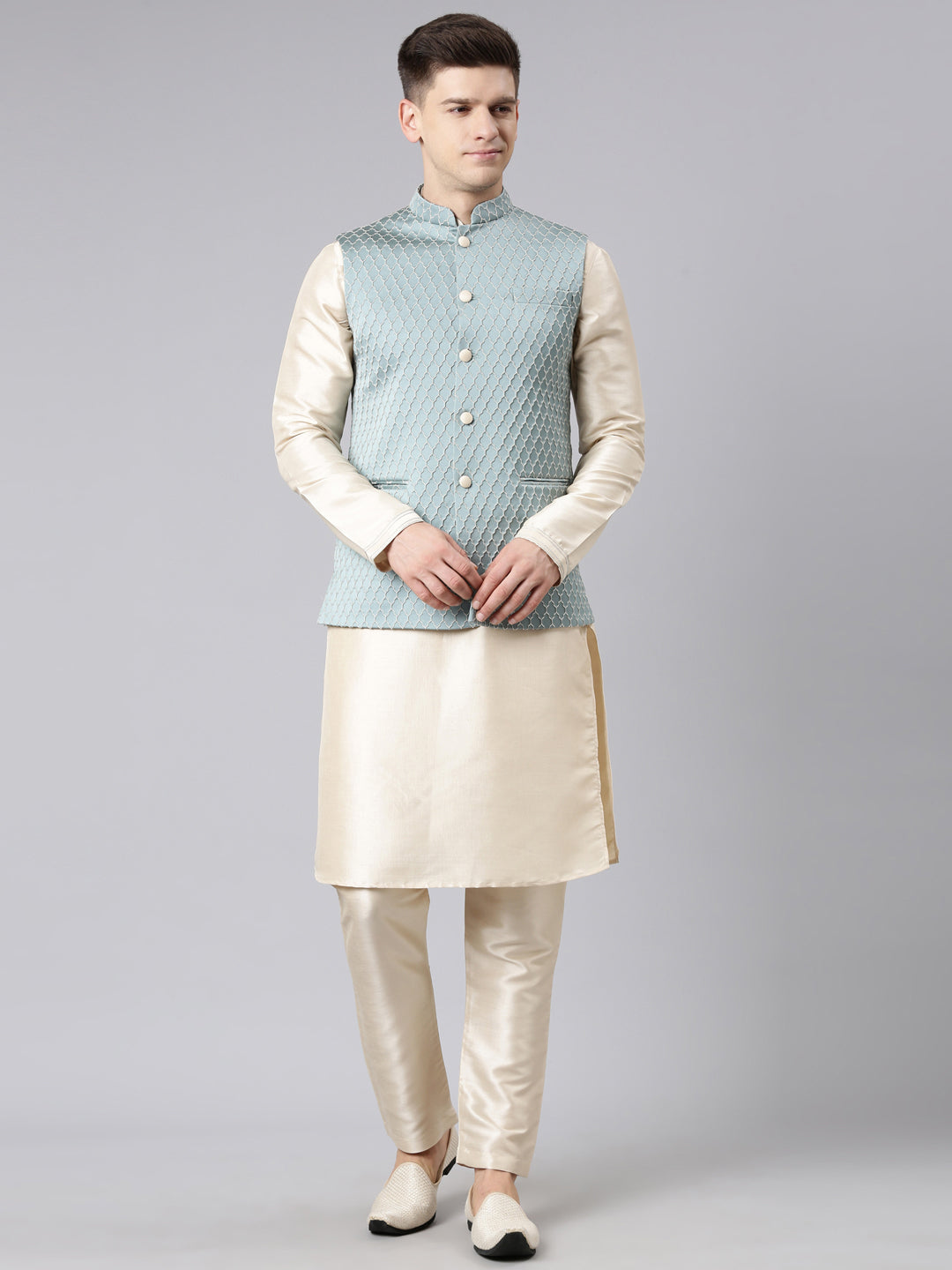 Teal Blue Jacket With Cream Kurta Set