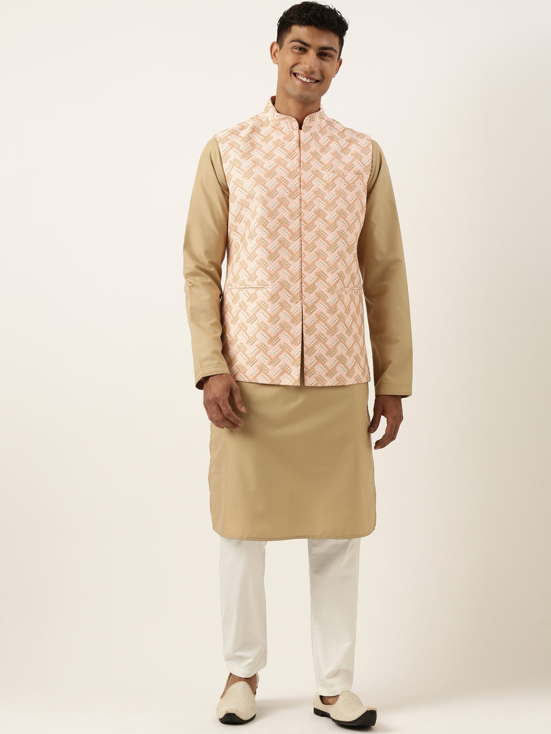 Peach Chikankari Jacket Kurta Set