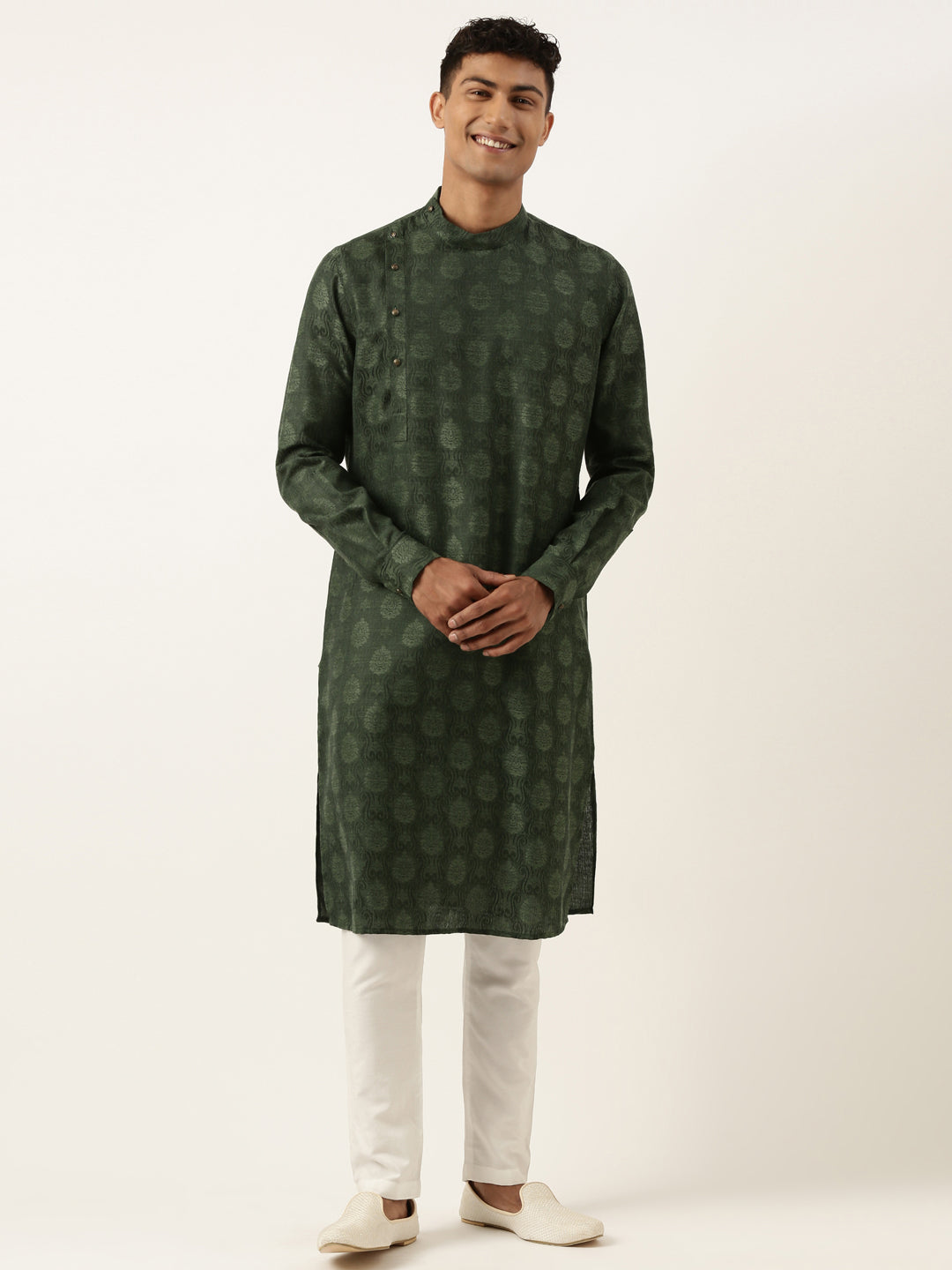 Olive Self design Side Open Kurta Set