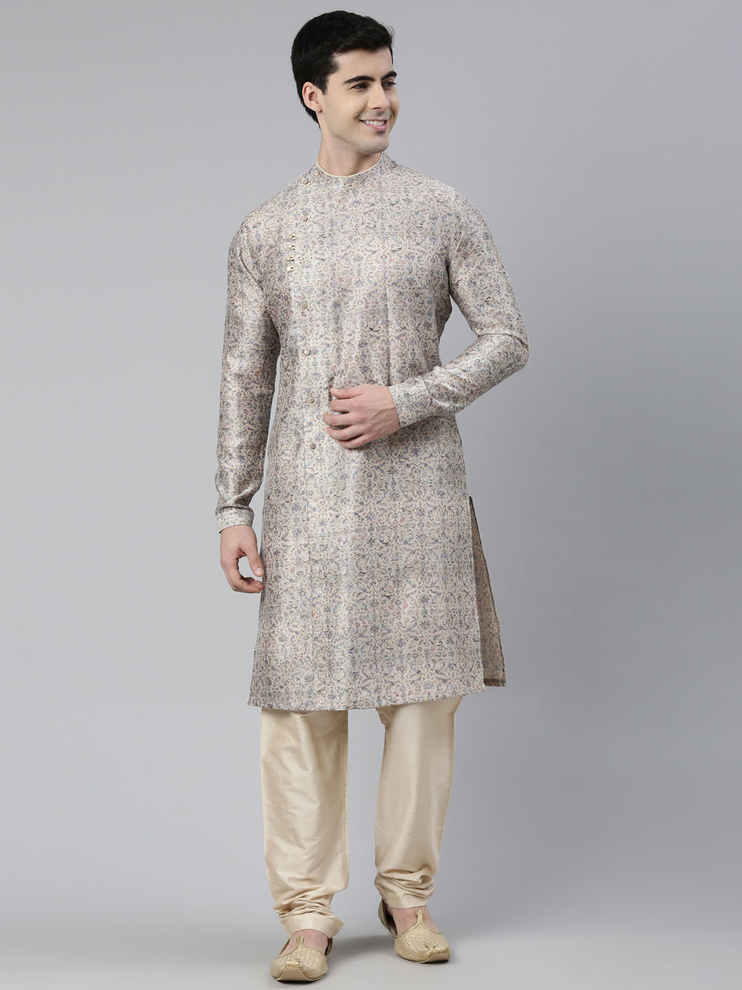 Cream Floral Block Printed Angrakha Full Open Chanderi Silk kurta set