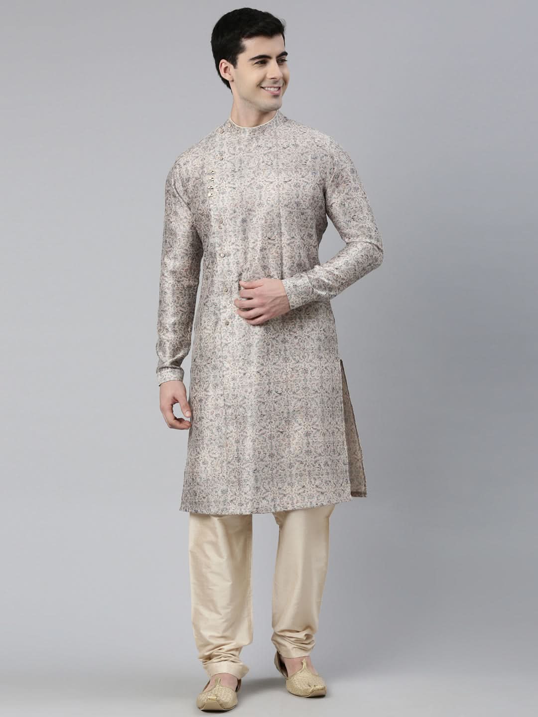 Cream Floral Block Printed Angrakha Full Open Chanderi Silk kurta set