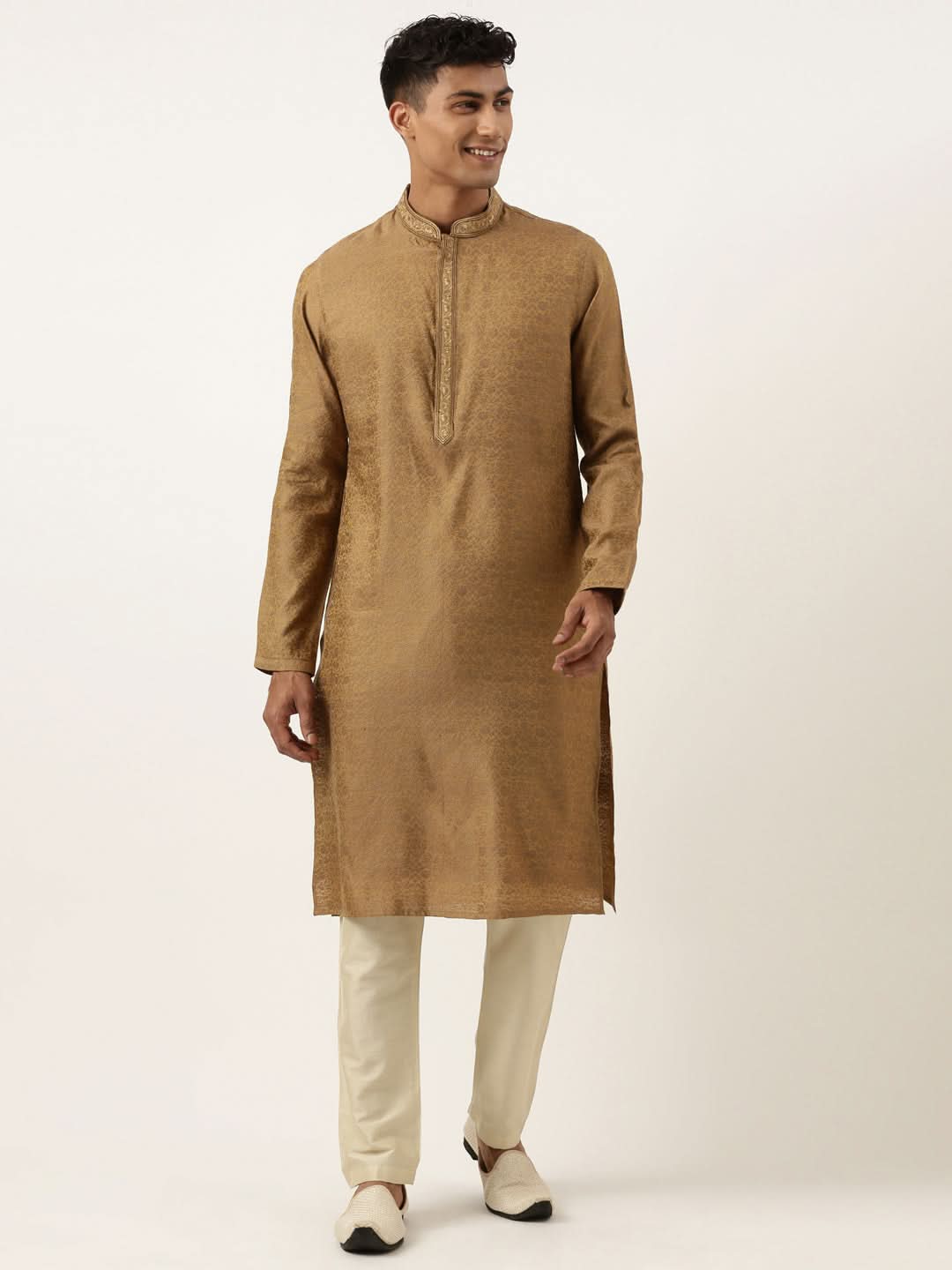 Mustard Brown Jacquard Embroidered Kurta Set