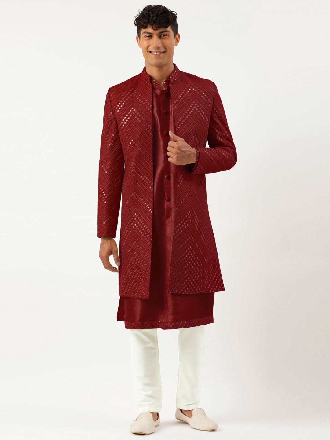 Maroon Mirror Embroidered Indowestern With Kutra