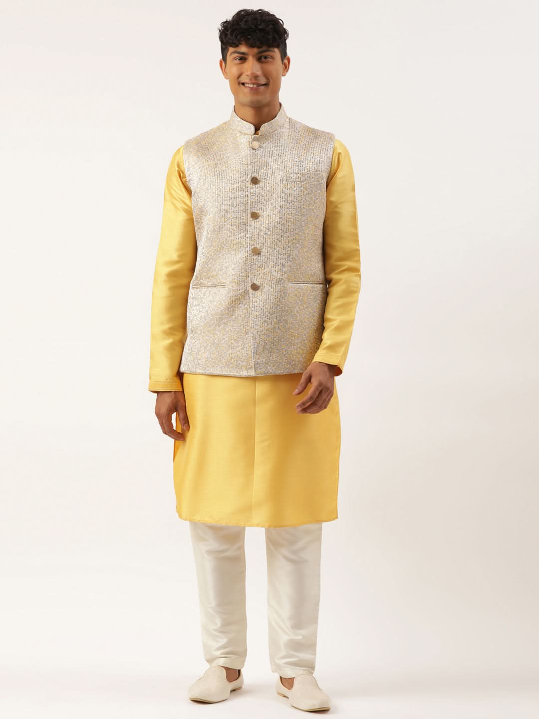Grey Geometric Premium Textured Jacket With Mustard Kurta