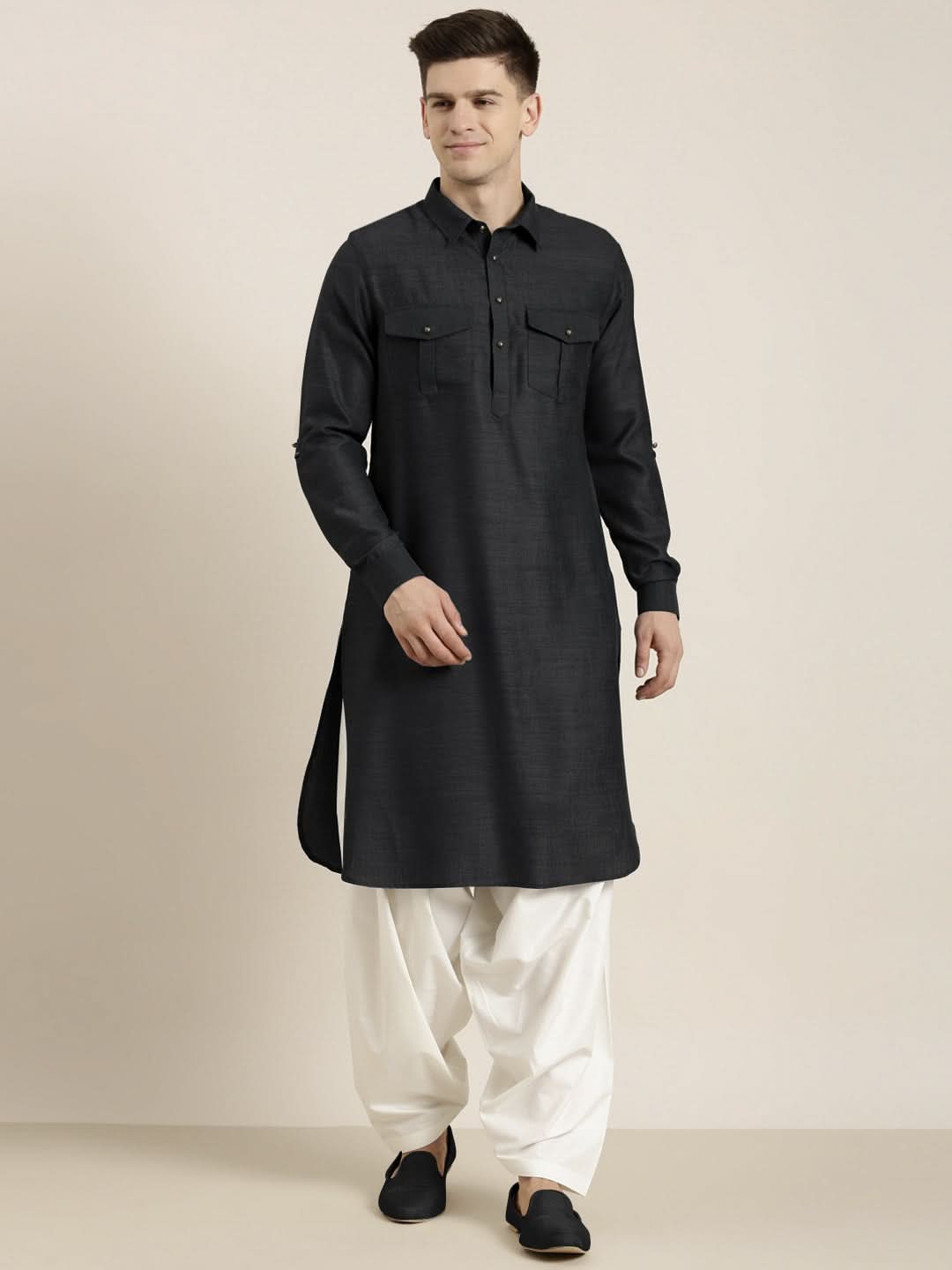 Black Cotton Pathani With Salwar