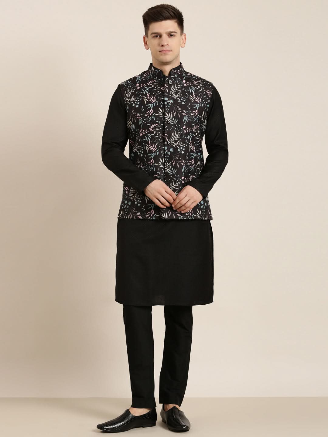 Black Printed Jacket Kurta Set