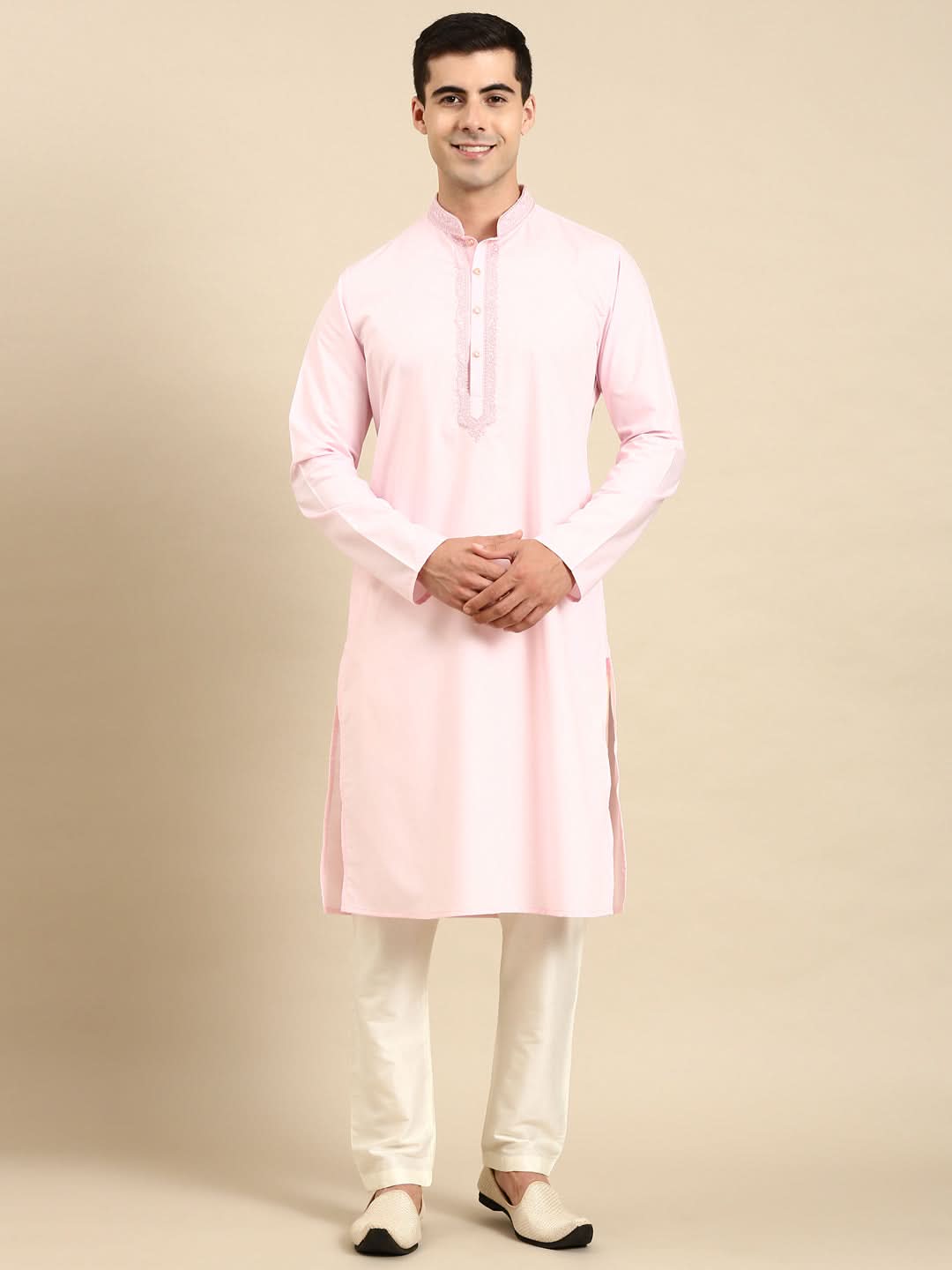 Baby Pink Cotton Dori Embroidered Kurta Set