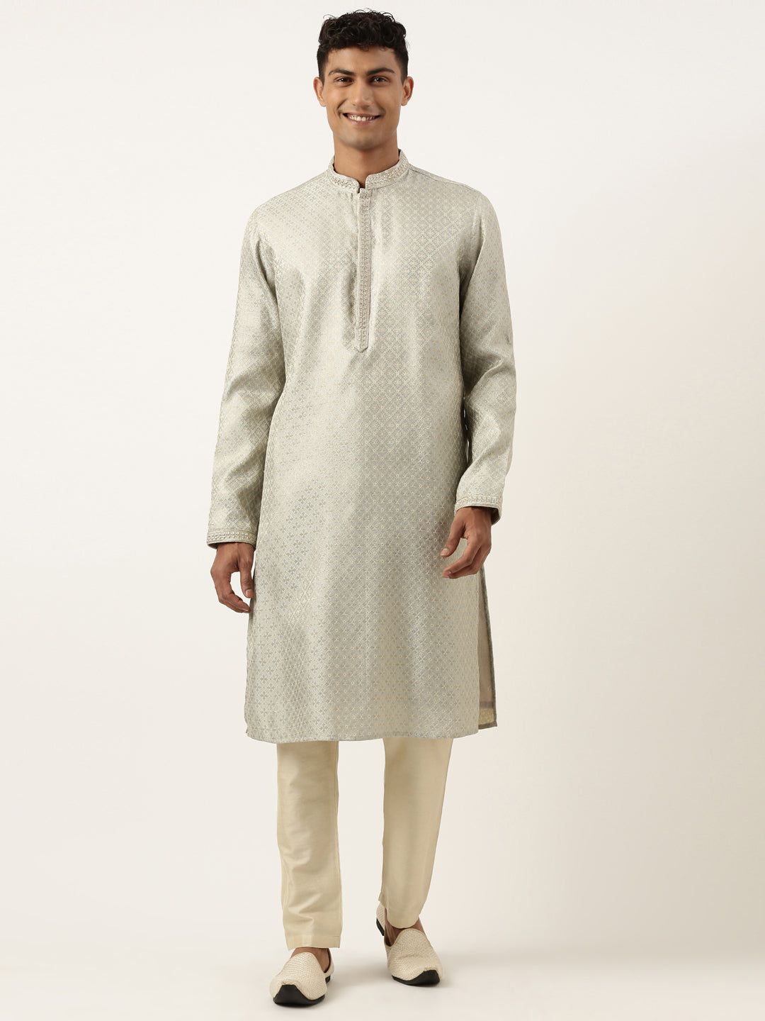 Festive Grey Zari Kurta Set