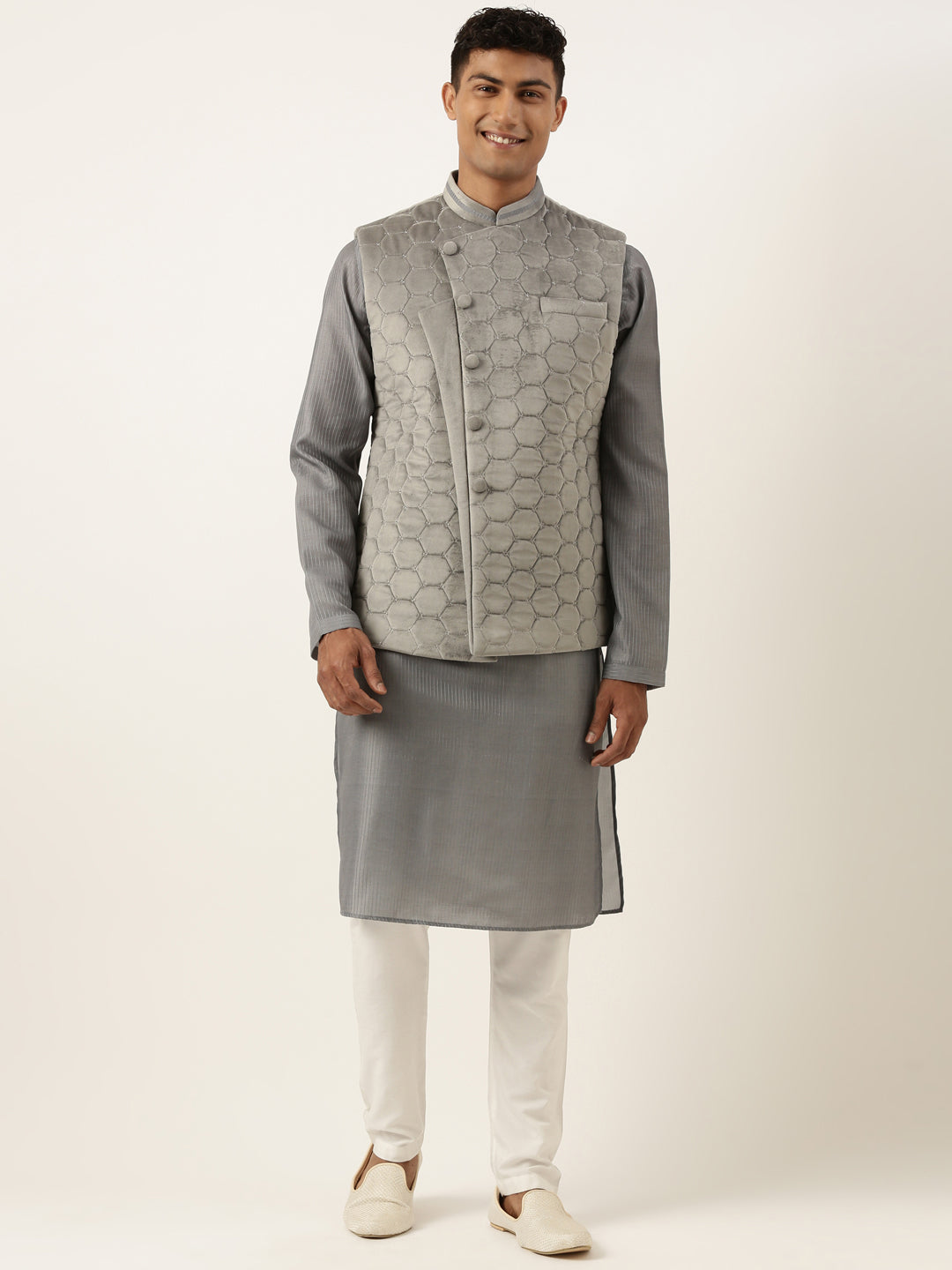 Grey Velvet Quilted Jacket Kurta Set