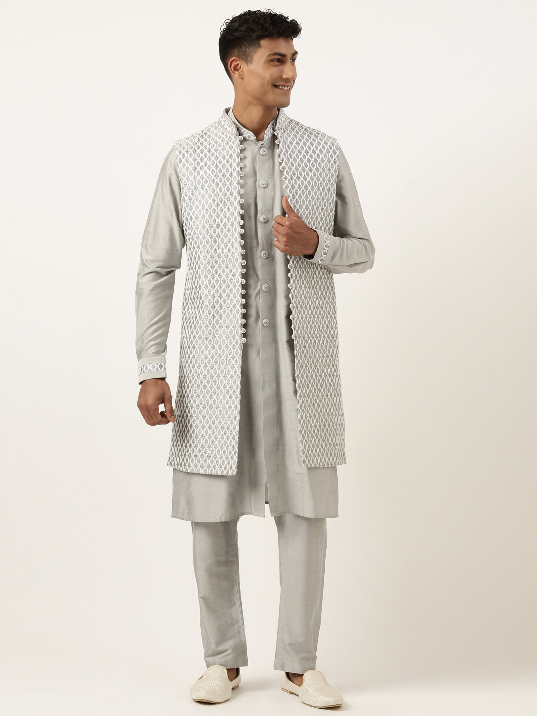 Grey Embroidered Long Jacket with Grey Kurta