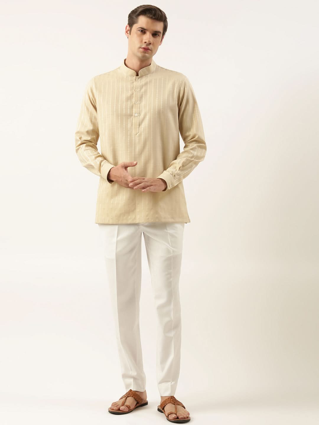 Light Beige Striped Short Kurta