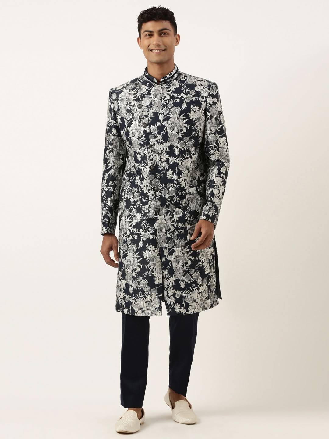 Navy Grey Jacquard Angrakha Indowestern Set