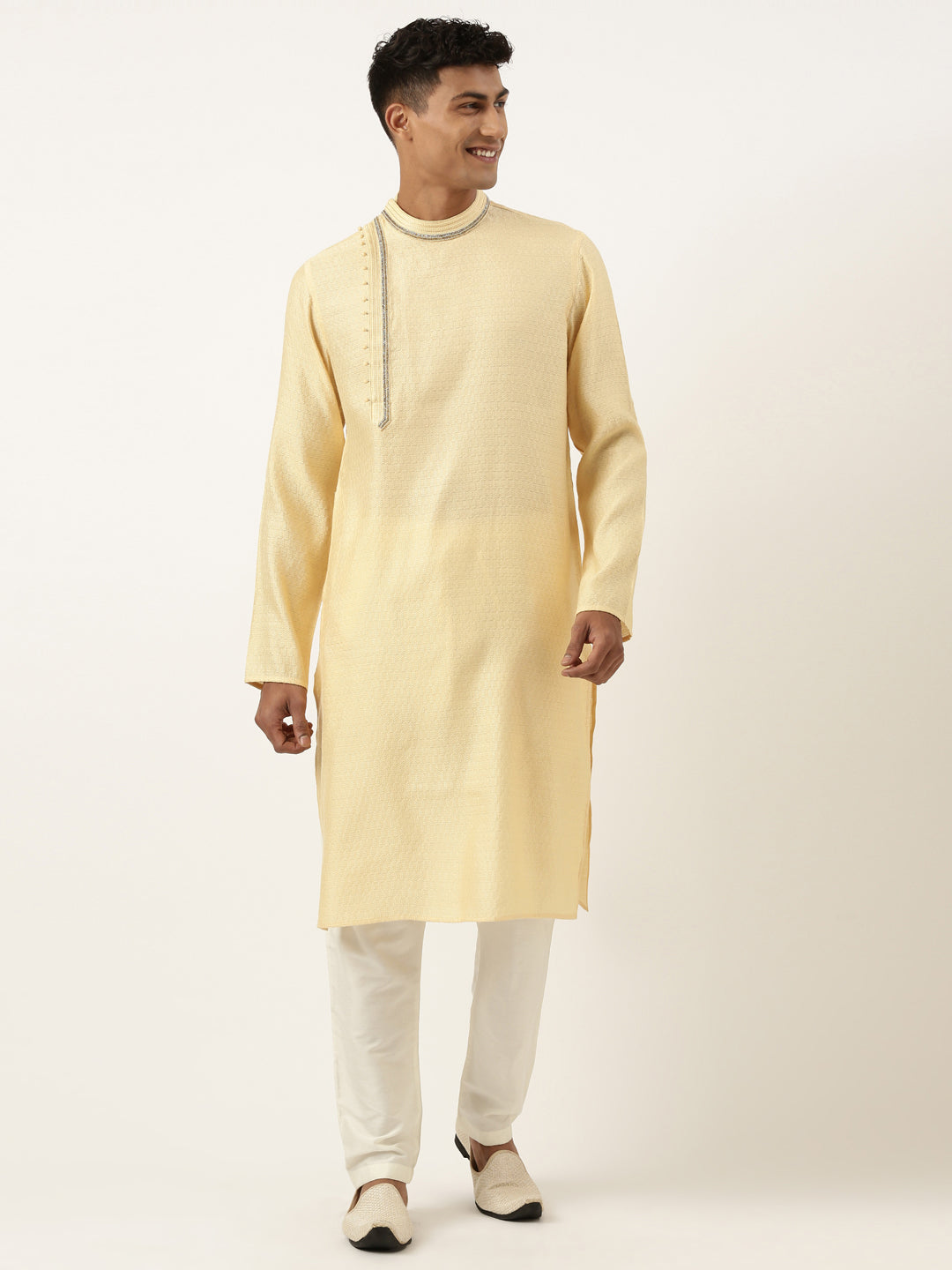 JACQUARD ANGRAKHA STYLE YELLOW KURTA WITH SIDE PLACKET
