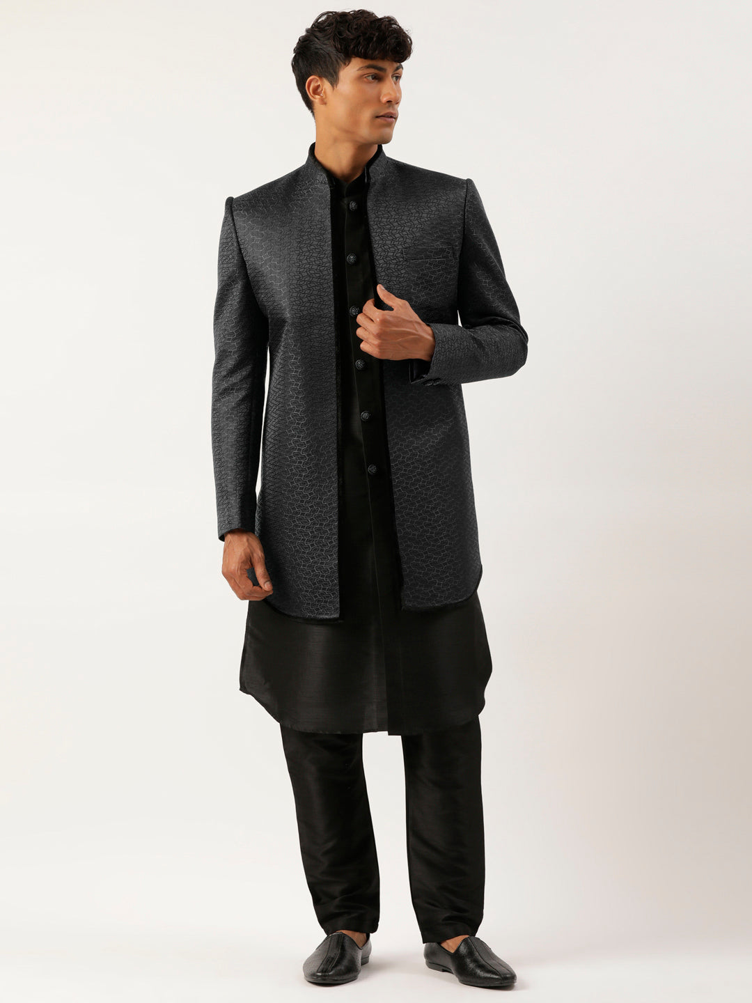 Black Jacquard open Indowestern Set