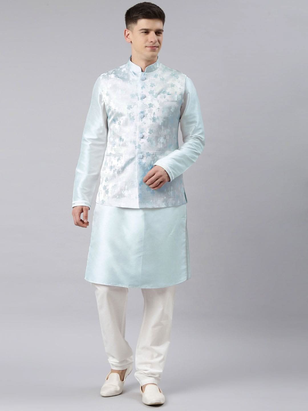 Blue Jacquard Jacket Kurta Set