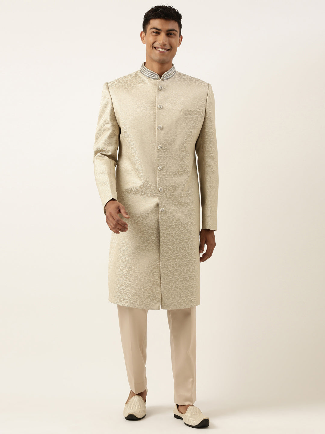 Beige Gold Jacquard Achkan Set