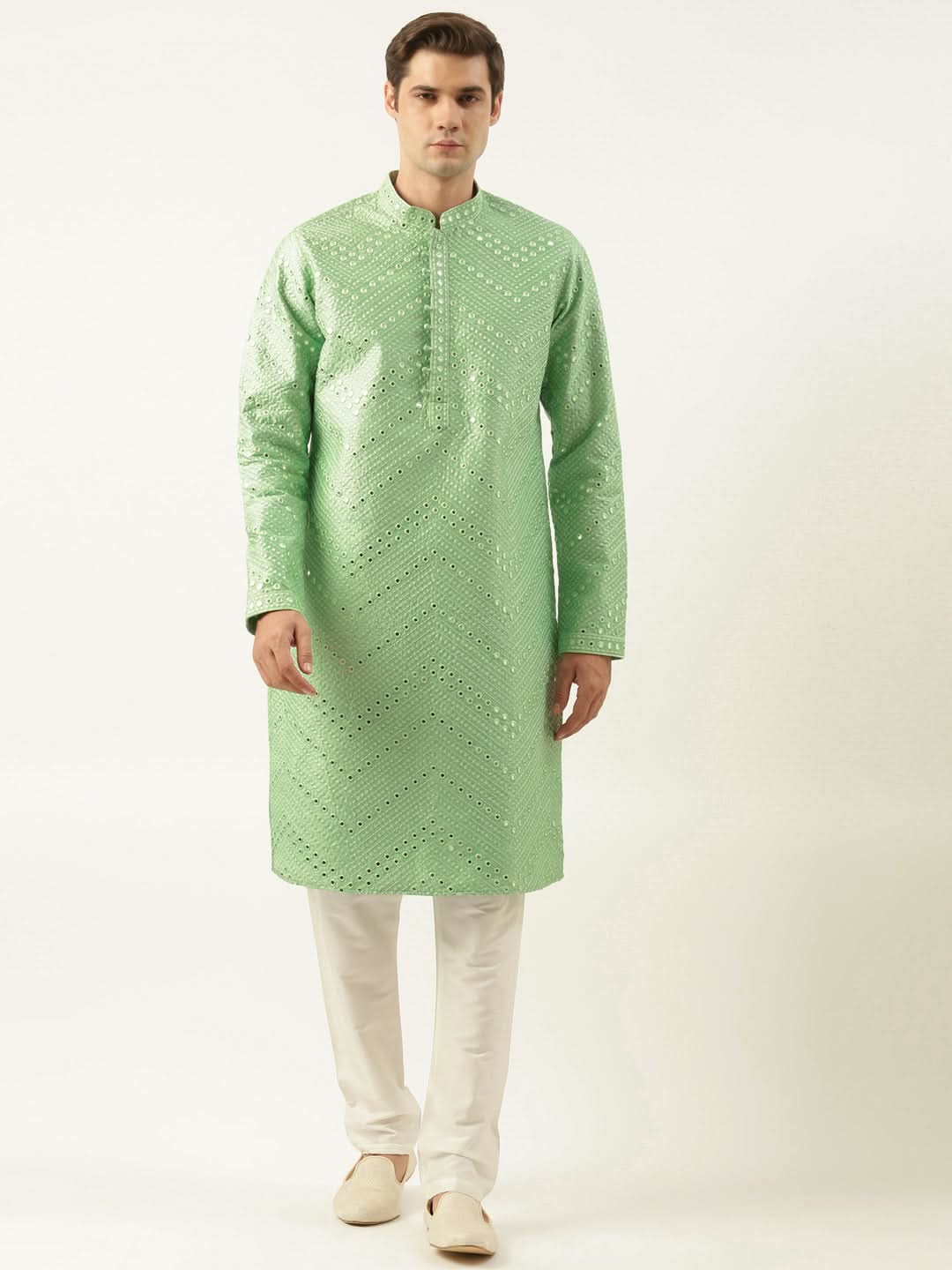 Light Green Silk Mirror Embroidered Kurta Set