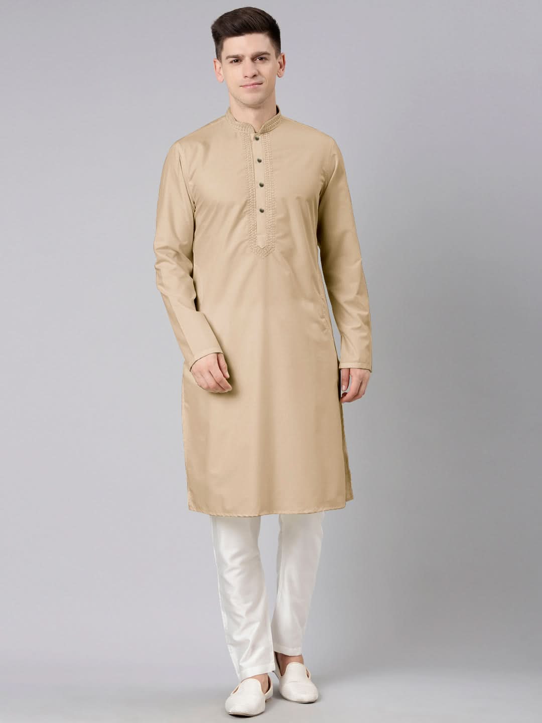 Beige Cotton Dori Embroidery Kurta Set