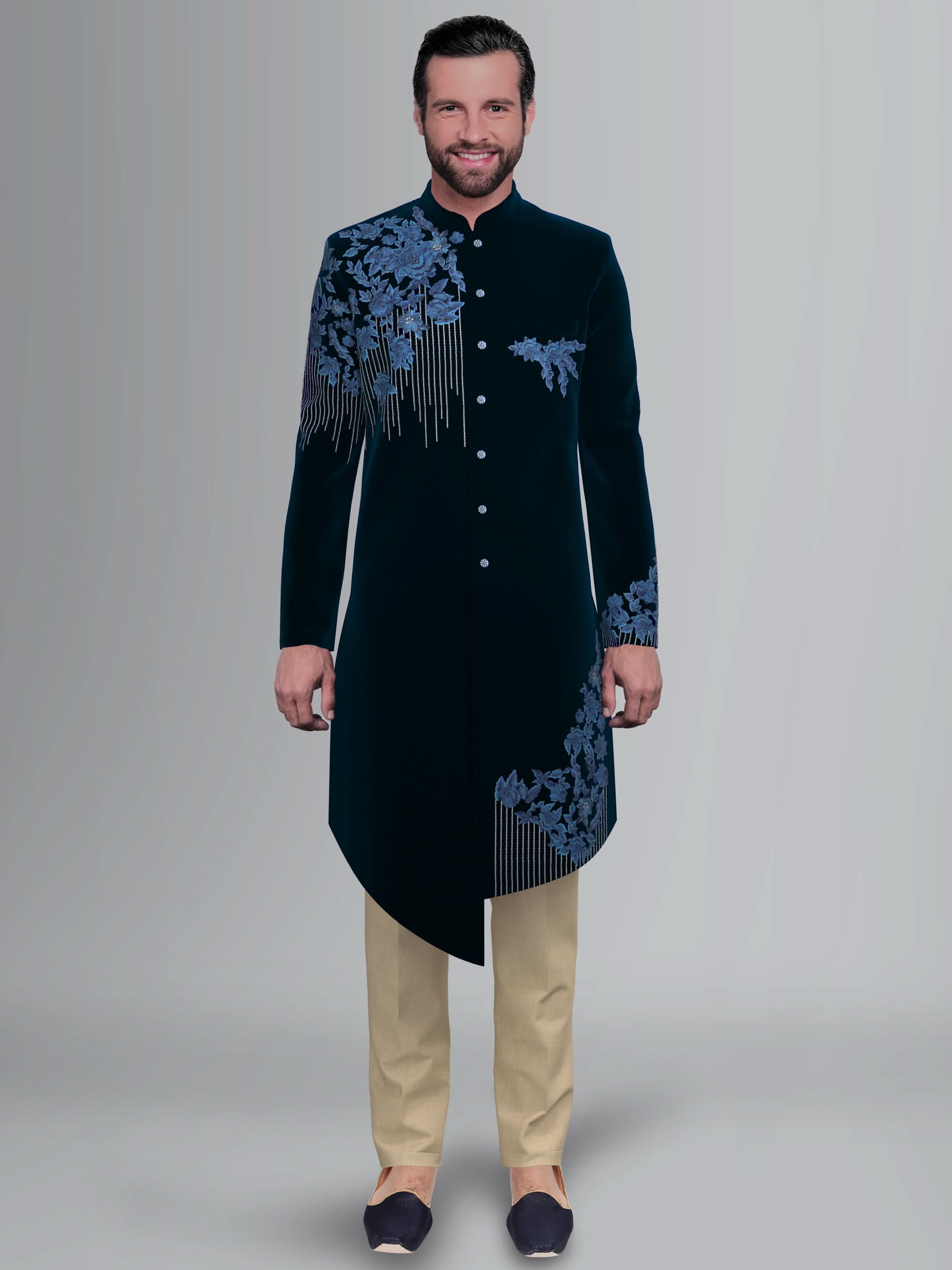 Navy velvet 3D embroidery Asymmetric Indowestern