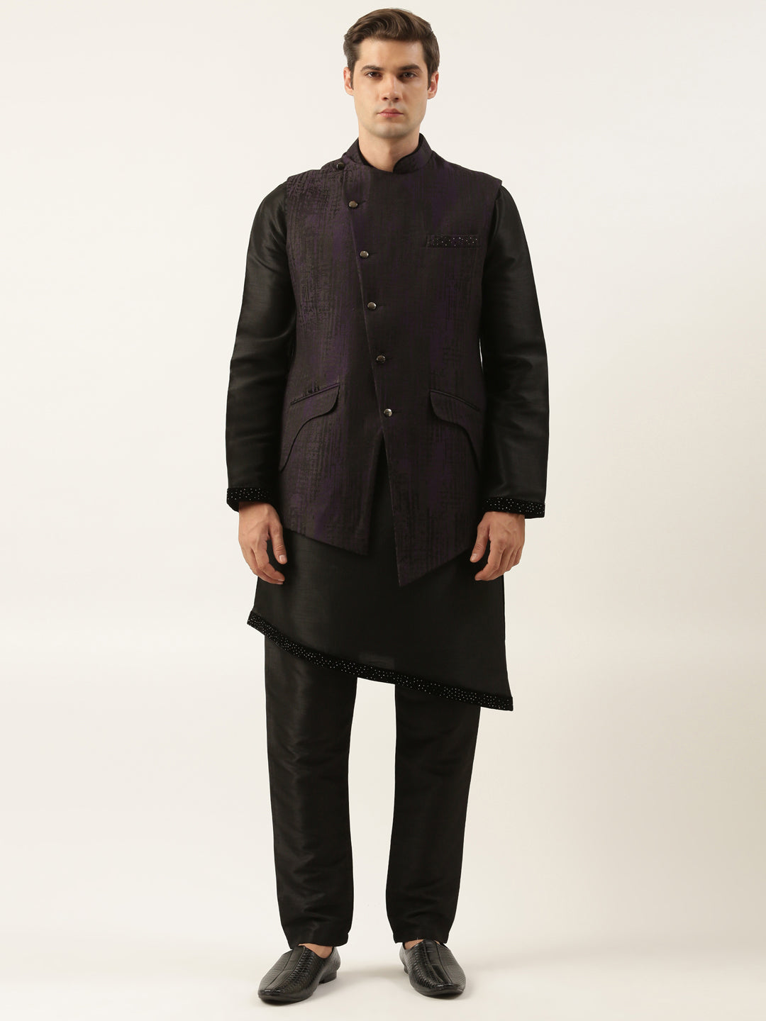 Black Purple Jacket Kurta Set