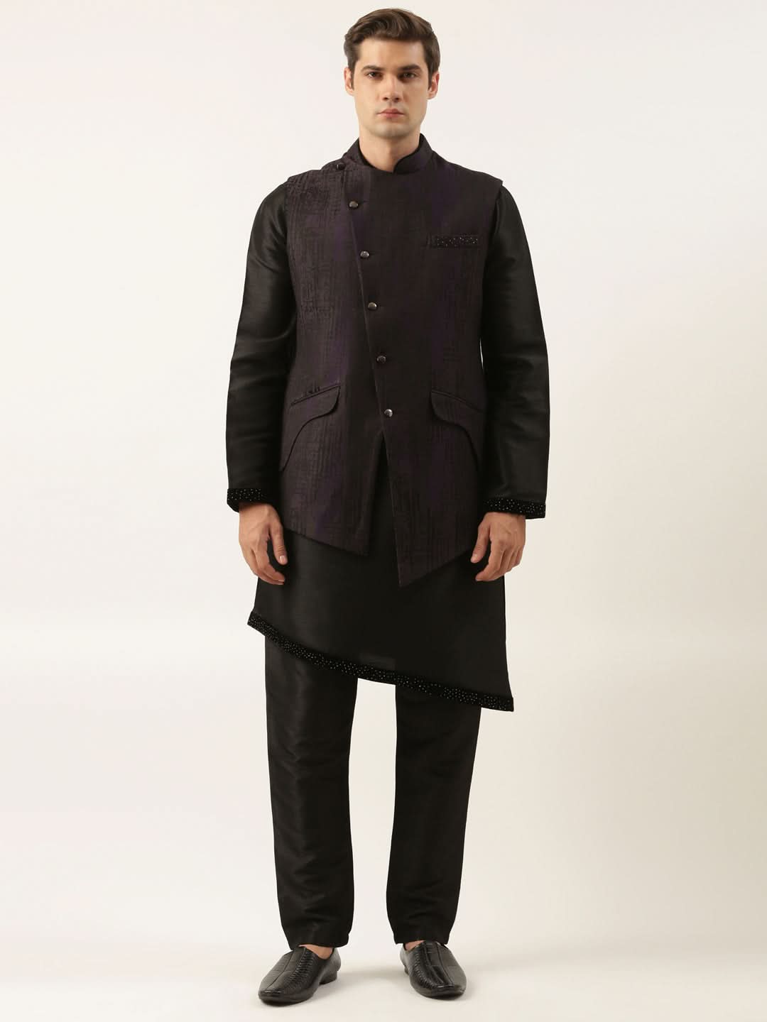 Black Purple Jacket Kurta Set