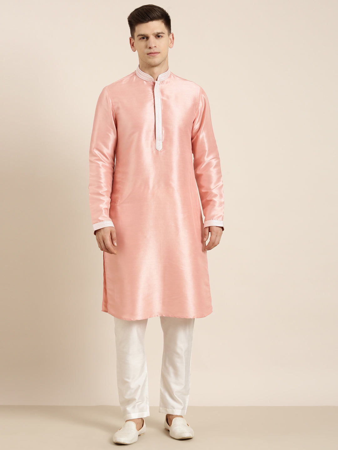 Peach Silk Embroidery Kurta Set