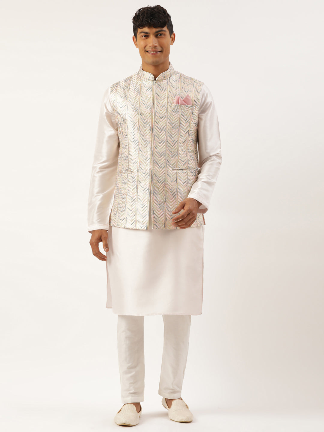 White Multi Color Embroidered Jacket Kurta Set