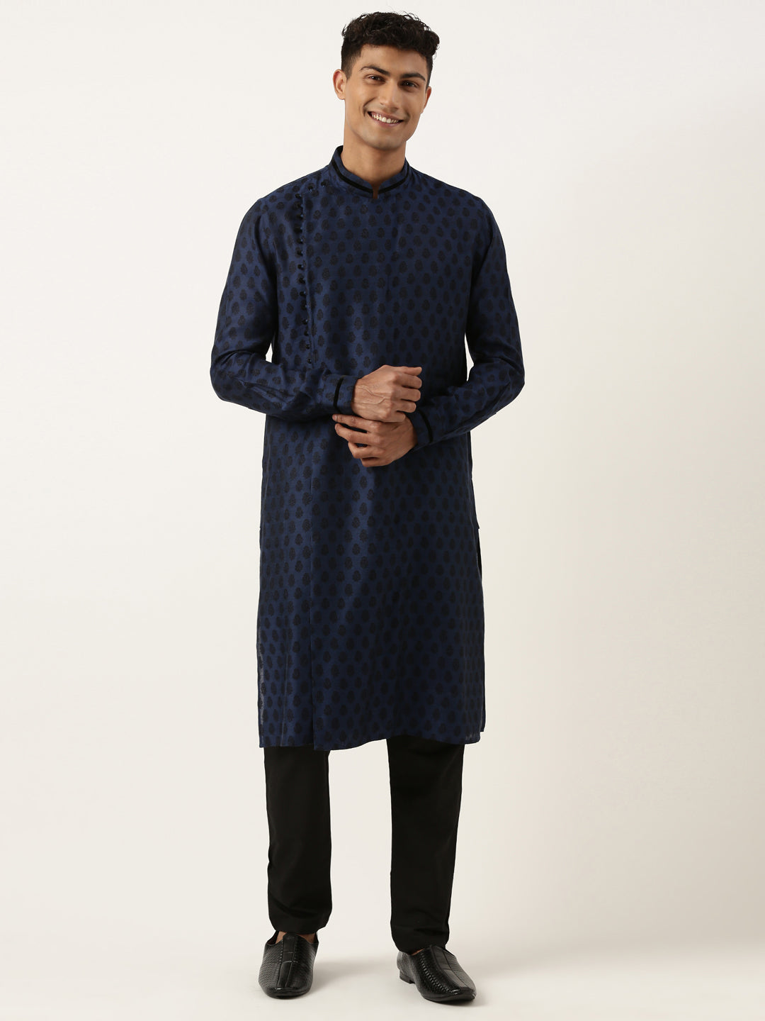 Navy Jacquard Black Booti Chanderi Silk kurta set