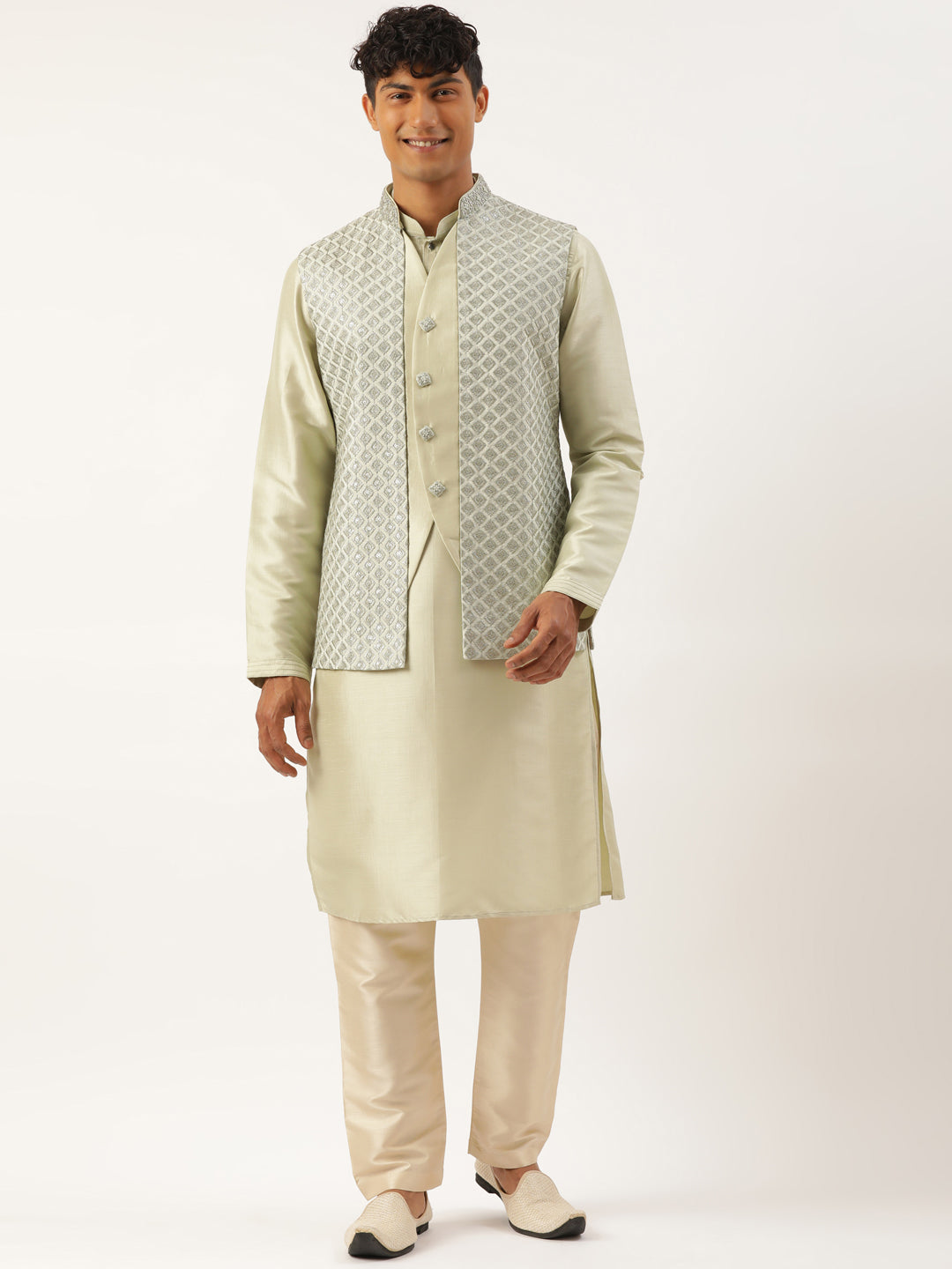 Sage Green Embroiderd Layered Jacket Kurta Set